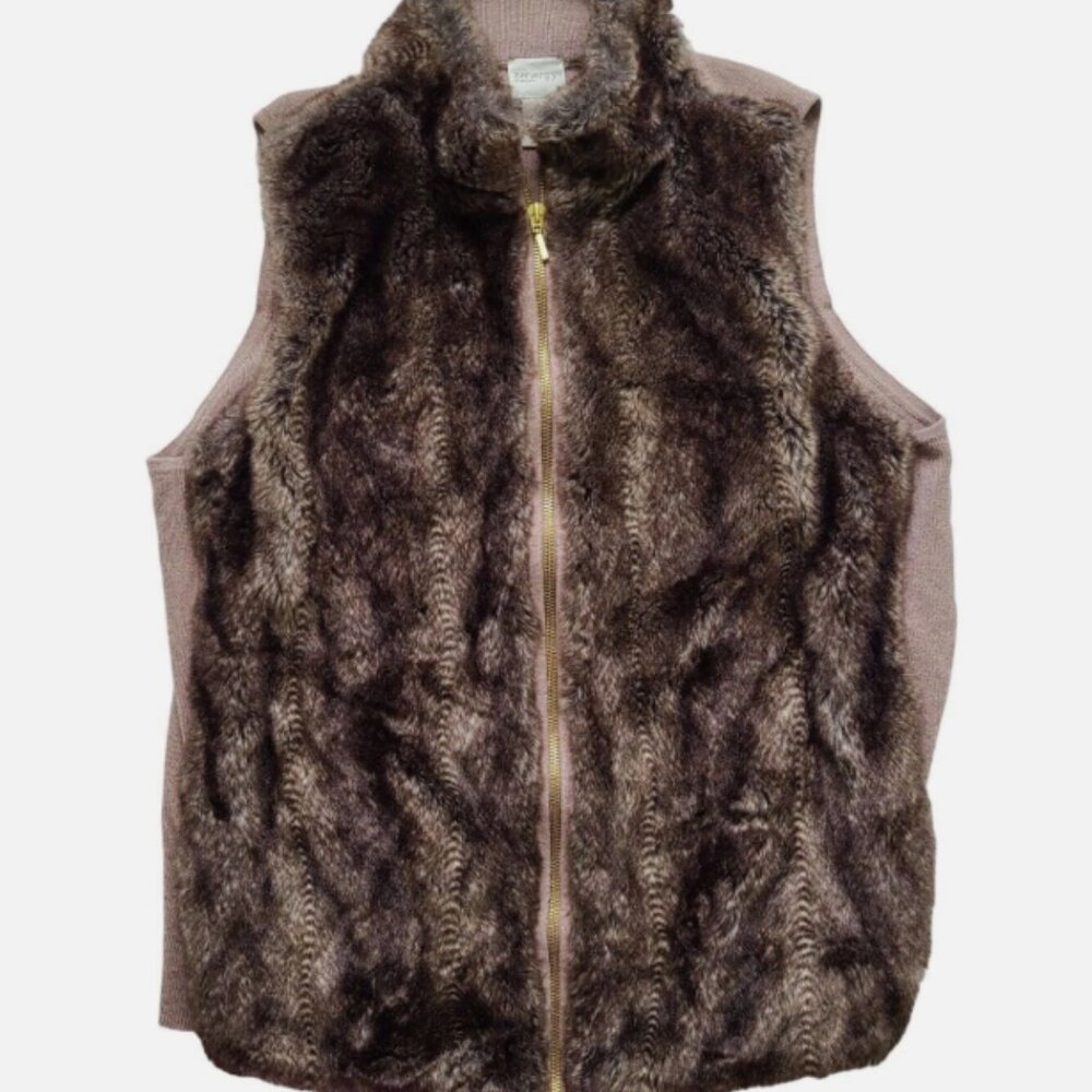 CLEARANCE Women's Chico's Zenergy Brown Faux Fur Vest 0 = S Full Zip Knit Back